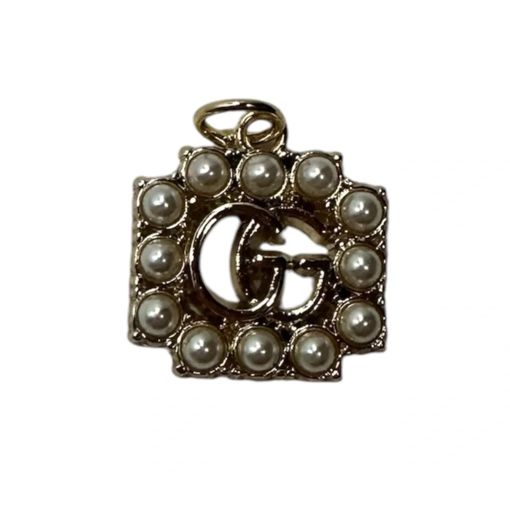 Gucci Gold Square Logo Zipper Pull Charm with White Faux Pearls